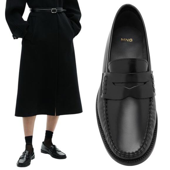 Mango Gathered Leather Moccasin Penny Loafer Black Size 37/ 6.5 - Picture 1 of 12